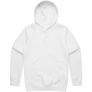 A white hoodie with a front pouch pocket and a drawstring hood. It features a logo on the front.