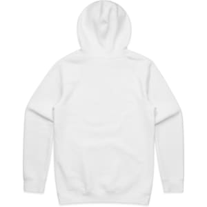 A white hoodie with a hood, featuring long sleeves and a plain design on the back.