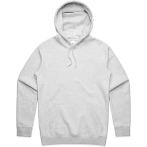 A grey hoodie with a front pocket and a hood, featuring a logo on the front.