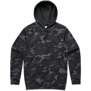 A camo-patterned hoodie in shades of grey and black, featuring a large hood and a front pocket.
