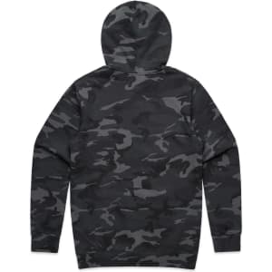 A camouflage hoodie in various shades of grey and green, featuring a hood and no visible logos.