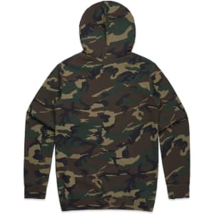 A hoodie in camouflage pattern featuring shades of green and brown, with a hood and long sleeves.