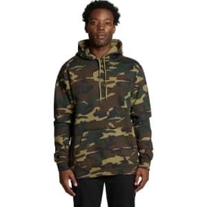 A camo hoodie in shades of green and brown with a kangaroo pocket and a hood, featuring a logo.