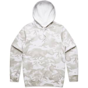 A white and grey camo hoodie featuring a front pocket and a drawstring hood, with a logo on it.