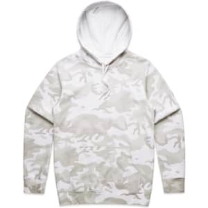 A camouflage-patterned hoodie in shades of white and grey, featuring a front pouch pocket and a drawstring hood.
