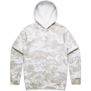 A camouflage hoodie in shades of beige and white, featuring a front pocket and a drawstring hood. It has a logo.