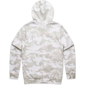 A hoodie in a stencil camo pattern featuring shades of grey and white, with a hood and long sleeves.