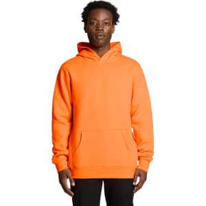 An orange hoodie with a front pocket and a hood, featuring a logo on the chest.