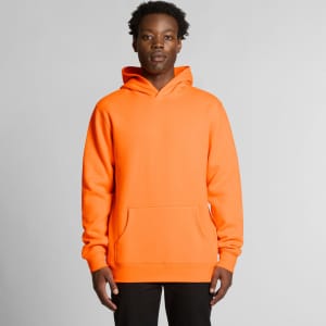 An orange work hoodie featuring a front pocket and a hood, worn by a model against a neutral background.