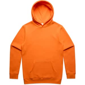 An orange hoodie with a front pocket and a hood, featuring a logo on the chest area.
