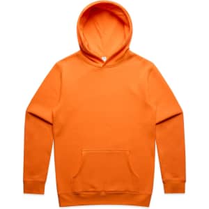 An orange hoodie with a front pocket and a hood, featuring a logo on the chest.