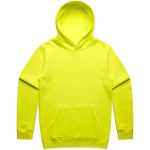 A bright yellow hoodie with a large front pocket and a hood, featuring a simple design and a logo.