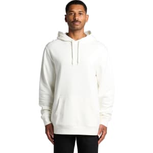 A man wearing an organic, cream-coloured hoodie with a front pocket and a hood. The hoodie has a logo.