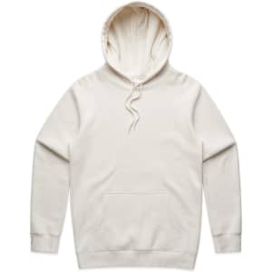 A cream-coloured hoodie with a front pocket and a drawstring hood. It features a logo on the front.