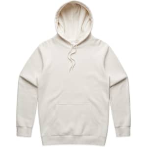 A cream-coloured hoodie with a front pocket and an adjustable hood. It features a logo on the front.