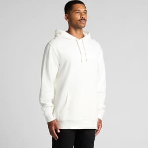 A light cream hoodie with a front pocket and an adjustable hood, featuring a logo.