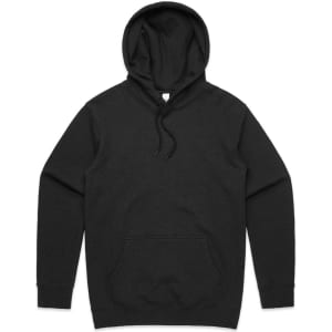A black hoodie with a front pocket, drawstring hood, and long sleeves. It features a logo.