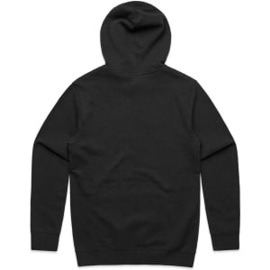 A black hoodie featuring long sleeves and a hood, with a simple design. It has a logo on the back.