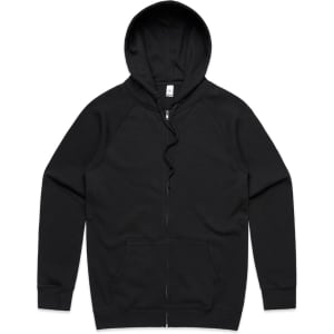 A black zip-up hoodie with a hood and long sleeves, featuring a logo on it.