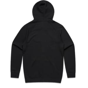 A black hooded jumper with a simple design and a logo on the back.