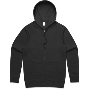 A black zip hoodie with a front pocket and a hood, featuring a logo on the chest area.
