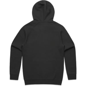 A black hoodie with a hood, featuring a simple design and a logo on the back.