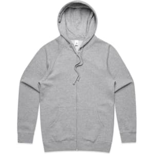 A grey zip-up hoodie featuring a hood and a branding logo.