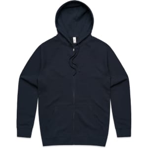 A dark navy zip hoodie featuring a hood and front zipper, with long sleeves and a simple design.