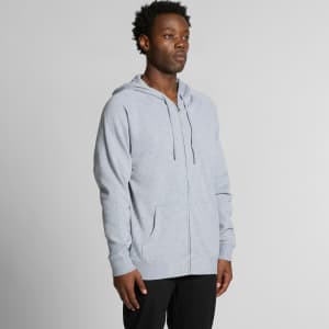 A grey zip hoodie is displayed, featuring a hood, front pockets, and a relaxed fit. It has a logo on it.
