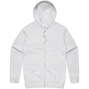 A grey zip-up hoodie with a front pocket and a hood. It features a small logo on the label.