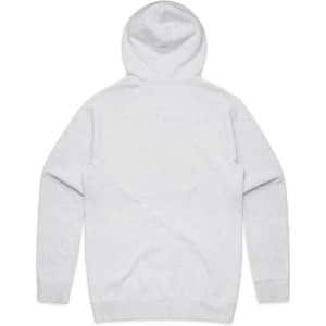 A grey hoodie with a kangaroo pocket and a hood. It has a logo on the front.
