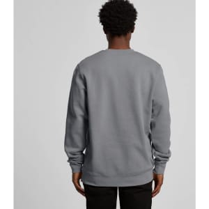 A grey hoodie with long sleeves, featuring a simple design and a logo on the back.