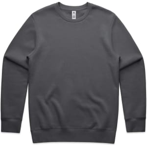 A grey sweatshirt with long sleeves and a ribbed neckline. It features a logo on the front.