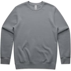 A grey sweatshirt with long sleeves and a round neckline, featuring a logo on the label.