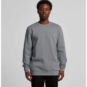 A grey hoodie with long sleeves and a round neckline, featuring a simple design and a logo.