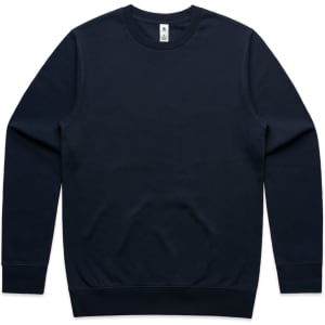 A navy blue hoodie featuring a crew neck and long sleeves. It has a branding logo on the inside.