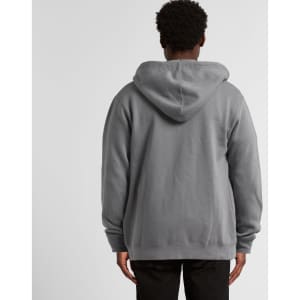 A grey zip-up hooded jumper seen from the back, featuring a large hood and a relaxed fit.