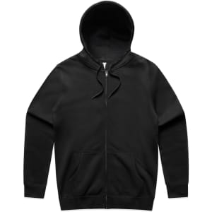 A black zip-up hoodie with a front pocket and a hood. It features a logo on one side.