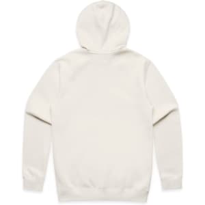 A light cream zip-up hoodie with a hood and long sleeves, featuring a plain back design.