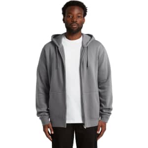 A grey zip-up hooded jumper featuring a front pocket and a logo. Model wears a white t-shirt underneath.