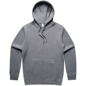 A grey zip-up hooded jumper featuring a front zip, long sleeves, and a hood. It has a logo on the front.