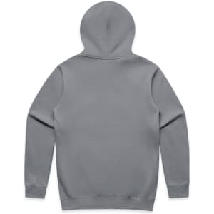 A grey zip-up hoodie with a hood, featuring a simple design and no visible branding.