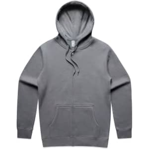 A grey zip hoodie featuring a drawstring hood and a front pocket, with a logo on the label.