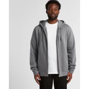 A grey zip-up hoodie with a front pocket and drawstring hood, featuring a branding logo.