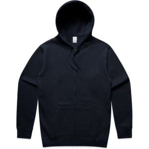 A navy blue zip-up hoodie with a drawstring hood and front pockets. It features a logo on the chest.