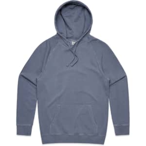 A faded blue hoodie featuring a front pocket and a drawstring hood. It has a logo displayed.