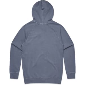 A faded grey hoodie with a back view, featuring a hood and long sleeves, includes a logo.