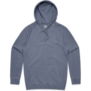 A faded blue hoodie with a front pocket and drawstring hood. It features raglan sleeves and has a logo.