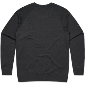 A dark grey sweater with raglan sleeves and a plain back, featuring a branding logo on the neck.