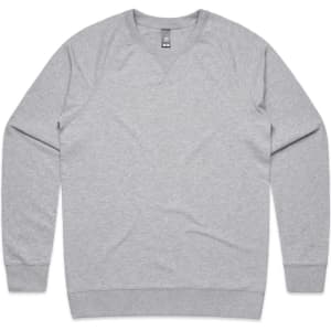 A grey sweater featuring raglan sleeves and a logo on the label.